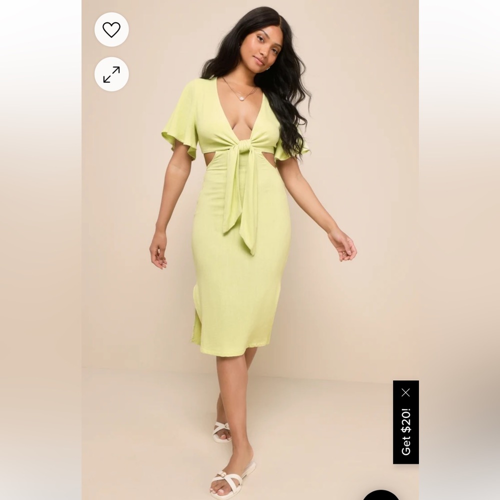 Lulu’s Summer Journey Light Green Tie-Front Cutout Midi Dress